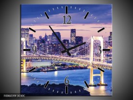 Wandklok op Canvas Brug | Kleur: Blauw, Grijs | F006039C