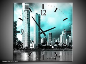 Wandklok op Glas Wolkenkrabber | Kleur: Blauw, Groen, Grijs | F006205CGD