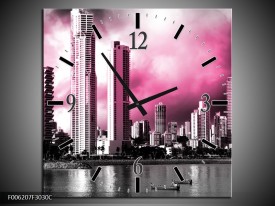 Wandklok op Canvas Wolkenkrabber | Kleur: Roze, Grijs | F006207C