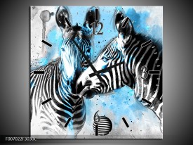 Wandklok Schilderij Zebra, Dieren | Blauw, Zwart, Wit