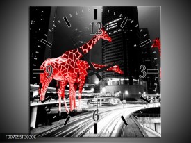 Wandklok Schilderij Steden, Giraffe | Zwart, Wit, Rood