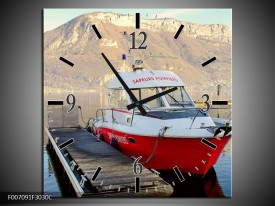 Wandklok Schilderij Boot, Bergen | Rood, Grijs, Wit