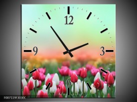 Wandklok Schilderij Tulpen, Bloemen | Groen, Roze, Wit