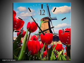 Wandklok Schilderij Tulpen, Molen | Rood, Blauw, Grijs