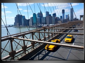 Glas Schilderij Brug, New York | Grijs, Blauw, Geel