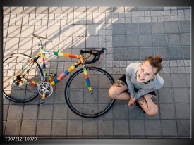 Canvas Schilderij Fiets, Meid | Grijs, Geel