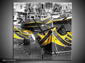 Wandklok Schilderij Boot, Water | Zwart, Wit, Geel