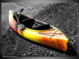 Glas Schilderij Kayak, Sport | Grijs, Geel, Oranje