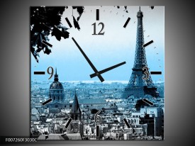 Wandklok Schilderij Parijs, Eiffeltoren | Grijs, Blauw