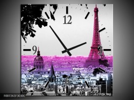 Wandklok Schilderij Parijs, Eiffeltoren | Paars, Roze, Grijs