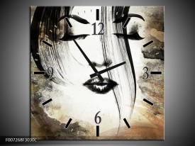 Wandklok Schilderij Vrouw, Gezicht | Zwart, Wit, Bruin