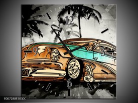 Wandklok Schilderij Oldtimer, Auto | Zwart, Wit, Oranje