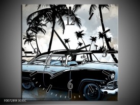 Wandklok Schilderij Oldtimer, Auto | Zwart, Wit, Blauw