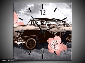 Wandklok Schilderij Oldtimer, Auto | Grijs, Bruin, Roze