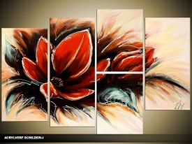 Acryl Schilderij Magnolia | Rood, Crème, Groen | 120x80cm 5Luik Handgeschilderd