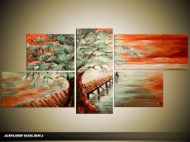 Acryl Schilderij Boom | Groen, Rood | 150x70cm 5Luik Handgeschilderd