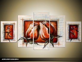 Acryl Schilderij Roos | Rood, Crème | 150x70cm 5Luik Handgeschilderd