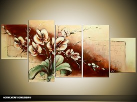 Acryl Schilderij Modern | Bruin, Crème, Groen | 150x70cm 5Luik Handgeschilderd