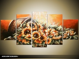 Acryl Schilderij Zonnebloem | Oranje, Bruin | 150x70cm 5Luik Handgeschilderd