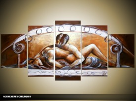 Acryl Schilderij Slaapkamer | Bruin, Grijs, Crème | 150x70cm 5Luik Handgeschilderd