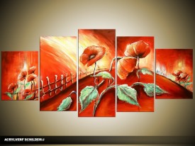 Acryl Schilderij Klaproos | Rood, Groen | 150x70cm 5Luik Handgeschilderd