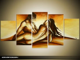 Acryl Schilderij Slaapkamer | Crème, Bruin | 150x70cm 5Luik Handgeschilderd