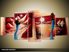 Acryl Schilderij Afrika | Rood, Blauw, Crème | 150x70cm 5Luik Handgeschilderd