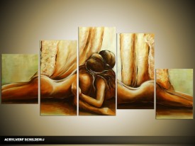 Acryl Schilderij Slaapkamer | Bruin, Crème, Bruin | 150x70cm 5Luik Handgeschilderd