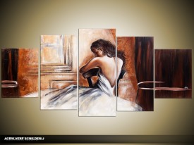 Acryl Schilderij Modern | Crème, Bruin, Grijs | 150x70cm 5Luik Handgeschilderd