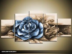 Acryl Schilderij Roos | Blauw, Grijs | 150x70cm 5Luik Handgeschilderd