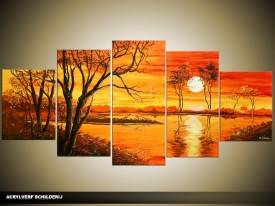 Acryl Schilderij Zonsondergang | Oranje, Geel | 150x70cm 5Luik Handgeschilderd