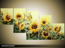 Acryl Schilderij Zonebloem | Geel, Groen | 150x70cm 5Luik Handgeschilderd