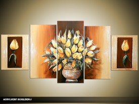 Acryl Schilderij Woonkamer | Bruin, Geel | 150x70cm 5Luik Handgeschilderd