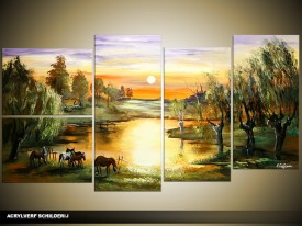 Acryl Schilderij Natuur | Groen, Geel | 130x70cm 5Luik Handgeschilderd
