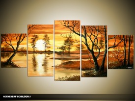 Acryl Schilderij Natuur | Bruin, Geel | 150x70cm 5Luik Handgeschilderd