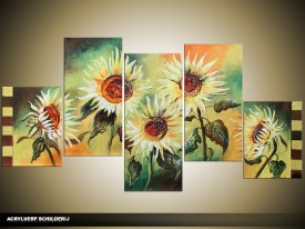 Acryl Schilderij Zonebloem | Groen, Geel | 150x70cm 5Luik Handgeschilderd