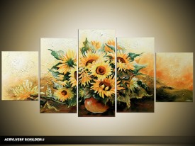 Acryl Schilderij Zonebloem | Geel, Bruin | 150x70cm 5Luik Handgeschilderd