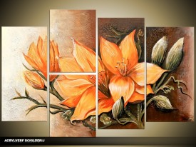 Acryl Schilderij Magnolia | Oranje, Bruin | 130x70cm 5Luik Handgeschilderd