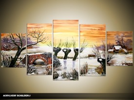 Acryl Schilderij Natuur | Geel, Wit | 150x70cm 5Luik Handgeschilderd