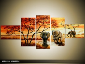 Acryl Schilderij Olifant | Bruin, Oranje, Crème | 170x70cm 5Luik Handgeschilderd
