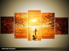 Acryl Schilderij Zonsondergang | Oranje, Geel, Bruin | 150x70cm 5Luik Handgeschilderd