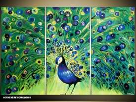 Acryl Schilderij Vogel | Groen, Blauw | 120x80cm 3Luik Handgeschilderd