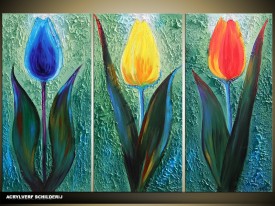 Acryl Schilderij Tulp | Groen, Blauw, Oranje | 120x80cm 3Luik Handgeschilderd