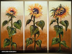 Acryl Schilderij Zonnebloem | Geel, Bruin, Groen | 120x80cm 3Luik Handgeschilderd