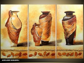 Acryl Schilderij Vazen | Bruin, Geel | 120x80cm 3Luik Handgeschilderd