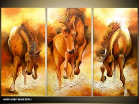 Acryl Schilderij Paarden | Bruin, Geel | 120x80cm 3Luik Handgeschilderd