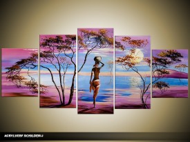 Acryl Schilderij Afrika | Paars, Blauw | 150x70cm 5Luik Handgeschilderd
