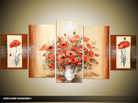 Acryl Schilderij Woonkamer | Rood, Bruin, Crème | 150x70cm 5Luik Handgeschilderd