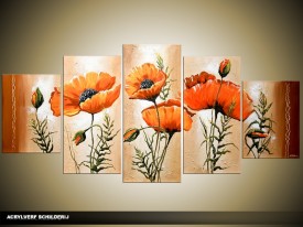 Acryl Schilderij Klaproos | Oranje, Bruin, Crème | 150x70cm 5Luik Handgeschilderd