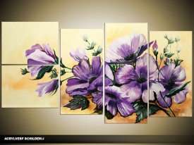 Acryl Schilderij Natuur | Paars, Crème | 130x70cm 5Luik Handgeschilderd